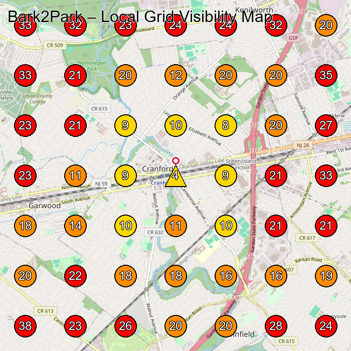 Bark2Park GeoGrid visibility map for Pet Groomer in Westfield